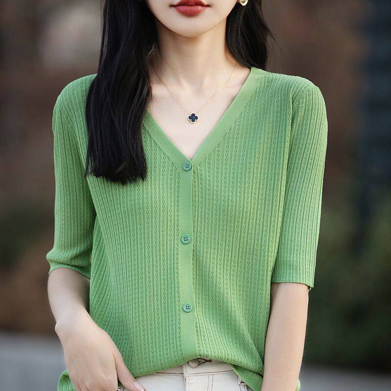 Summer Short Sleeve Knitted Cardigan Lightweight Loose Fit Twisted Design Pearl Texture Casual Wear Wholesale