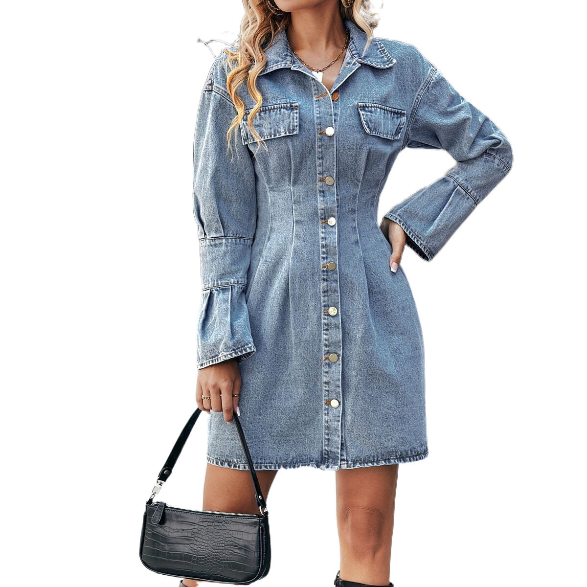 Vintage Slim Fit Denim Dress Waist Defining Elegant Comfortable Perfect for Casual Outings or Summer Events