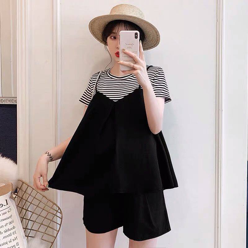 Pregnant Women's Summer suit Fashion Fake Two-piece Striped Patchwork Top Belly Shorts Outgoing Clothes Two-piece Set