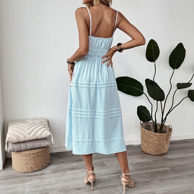 Striped Sleeveless Dress with Decorative Straps Beach Vacation Style Lightweight Summer Fabric Wholesale Available