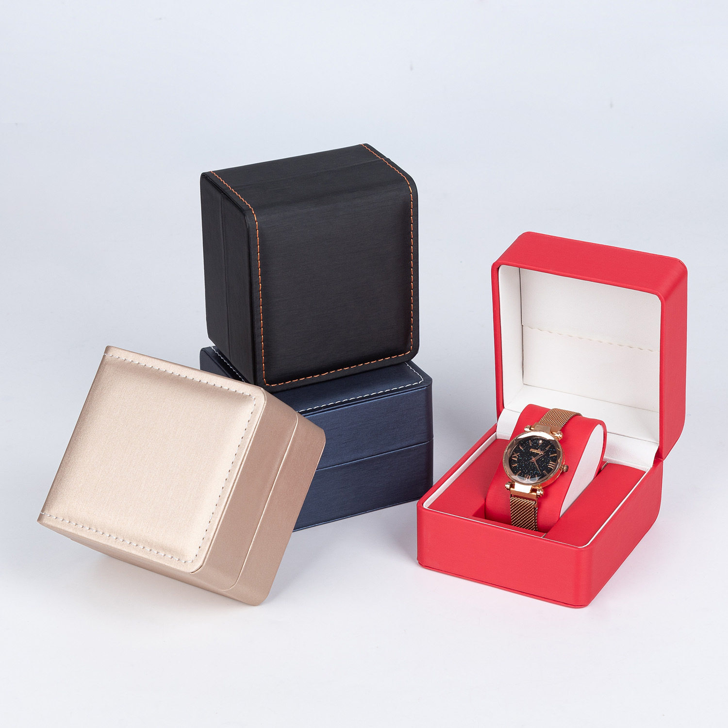 Rounded Corner Rain Silk Pattern Watch Packaging Box, High-End Flip-Top Gift Watch Gift Box, Textured Leather Pu Watch Box