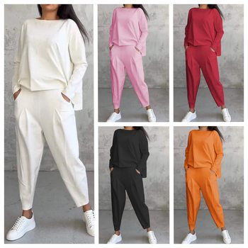 2025 new European and American cross-border foreign trade women's solid color round neck long sleeve suit women's pocket pants pants women