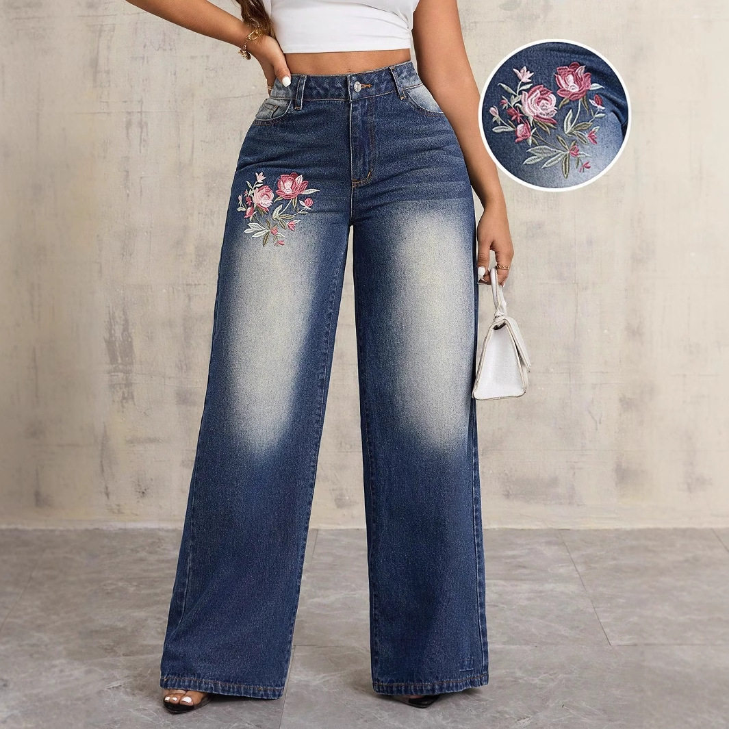 Vintage Embroidered Wide Leg Jeans Loose Fit Casual Style Womens Fashion Wholesale Available
