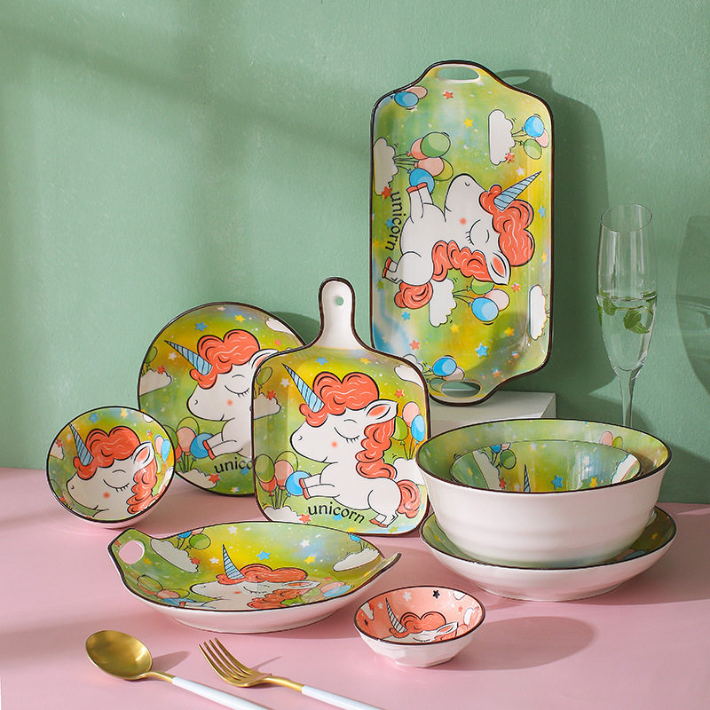 Unicorn ceramic bowl plate Japanese cartoon hand-painted tableware cute household children's rice noodle bowl dish plate suit