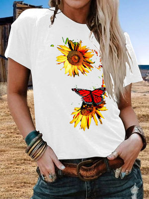 Plus Size Womens Short Sleeve T Shirt Sunflower Butterfly Print Casual Round Neck Top Wholesale Available