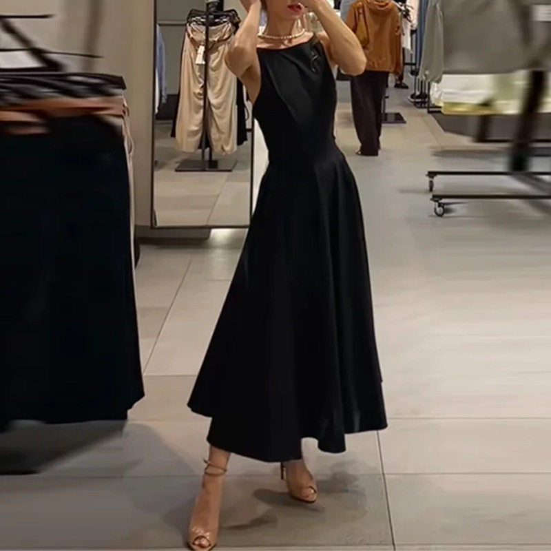 Womens Summer Dress Elegant Solid Color Round Neck Slim Fit Perfect for Casual Outings or Events Wholesale