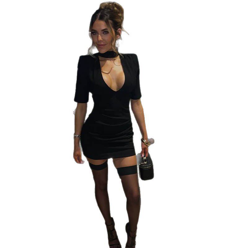 Elegant Womens Dress Solid Color Hollow Chest Detail Pleated Design Slim Fit Perfect for Casual or Formal