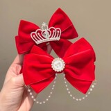 Новогодняя детская заколка для волос, красный бант, корона, маленькая девочка, празднование Нового года, аксессуары для волос на затылке, заколка для волос, заколка в виде утконоса