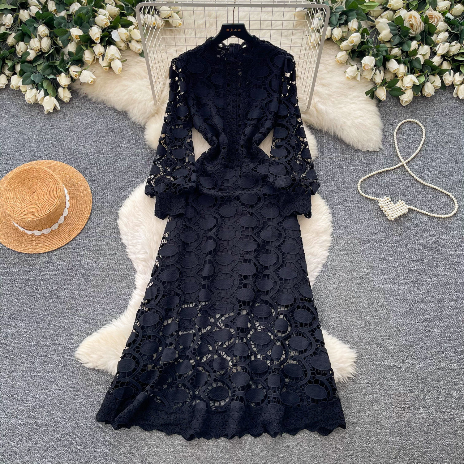 French Vacation Style Hollow Lace A Line Dress for Women Summer Elegant Slim Fit Korean Design Wholesale Available