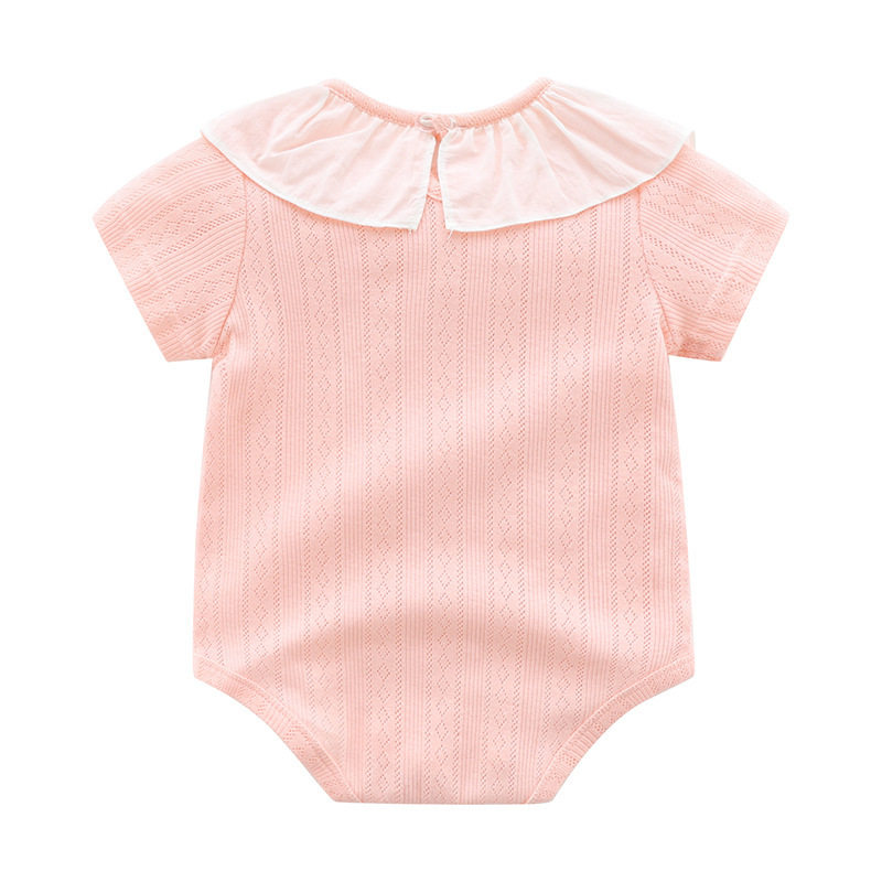 Summer Pure Cotton Baby Short-Sleeve Romper for Girls with Ruffle Collar, Breathable Jacquard Jumpsuit, Thin Newborn Crawling Suit