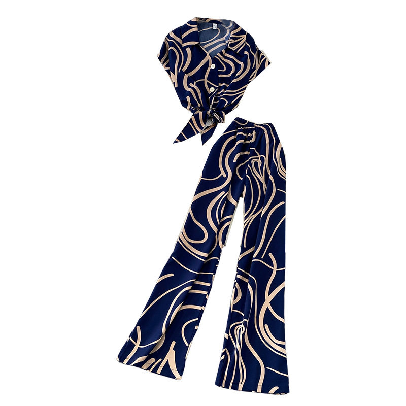 Hong Kong Style Ins Tie Waist Single-Breasted Lapel Short Light Mature Style Striped Shirt Casual Wide-Leg Pants Two-Piece Set