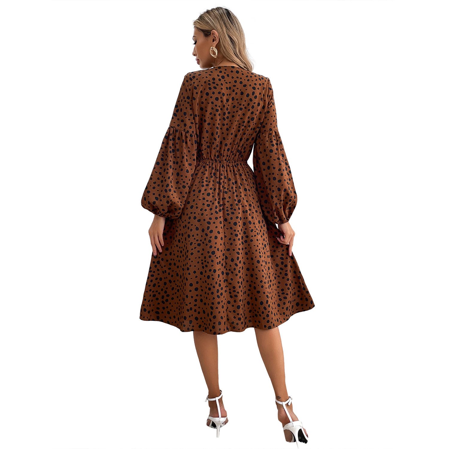 Leopard Print Floral Midi Dress Waist Defining Trendy Design Suitable for Casual Outings Wholesale Available