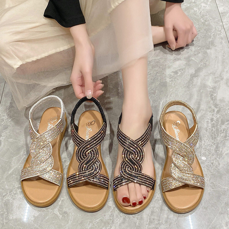 2025 Summer New Fairy Style Student Flat Sandals Women Rhinestone Fish Beak Beach Roman elastic Sandals Women