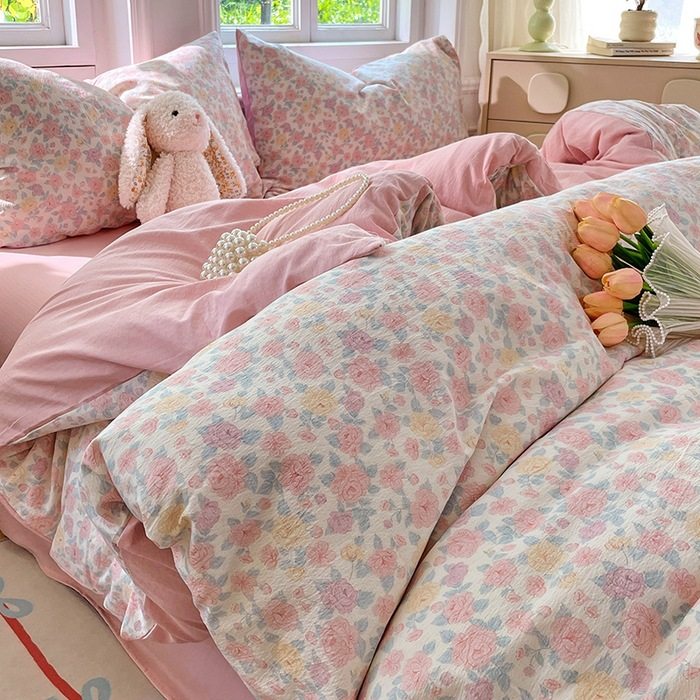 Super Soft Cloud-Like Kapok Double-Layer Gauze Three-Piece Set for College Students, Suitable for Sleeping Naked, Mother and Baby Grade Floral Duvet Cover, Fitted Sheet Style Four-Piece Set