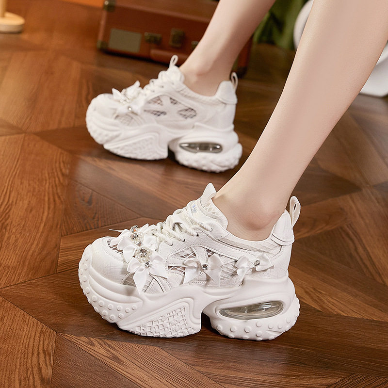 Giày cao gót nữ đế xuồng platform lưới thoáng khí, gót siêu cao 8cm, mũi tròn, dây buộc — Bạc, Trắng