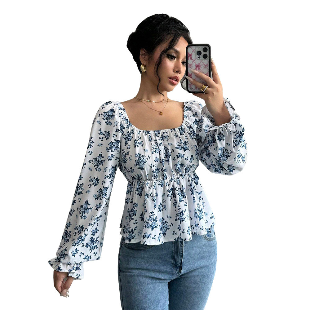 Floral Print Puff Sleeve T Shirt Fresh and Sweet Design Spring Summer Casual Wear Wholesale Available