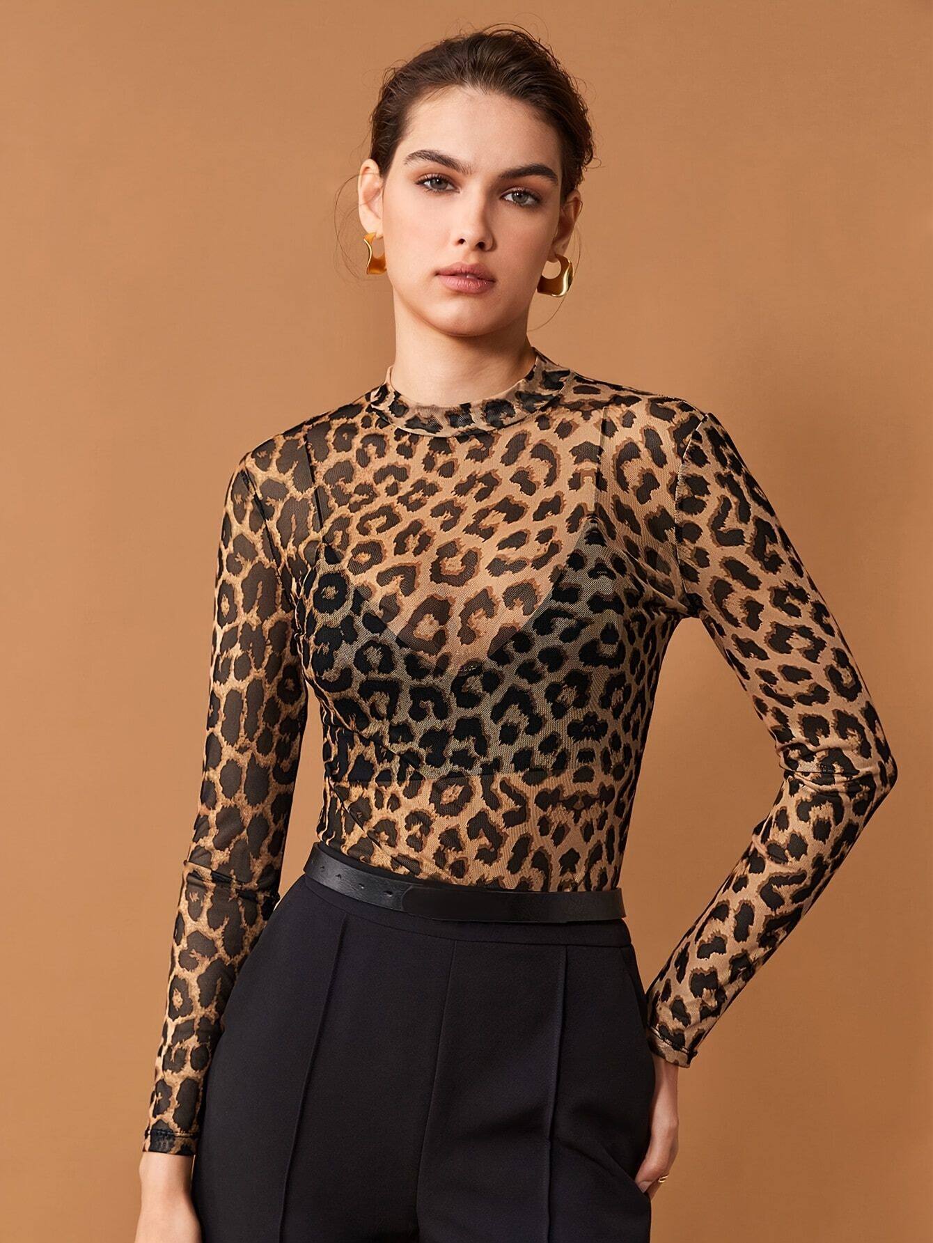 Womens Sheer Long Sleeve T Shirt Leopard Print Round Neck Lightweight Fabric Summer Fashion Wholesale Available