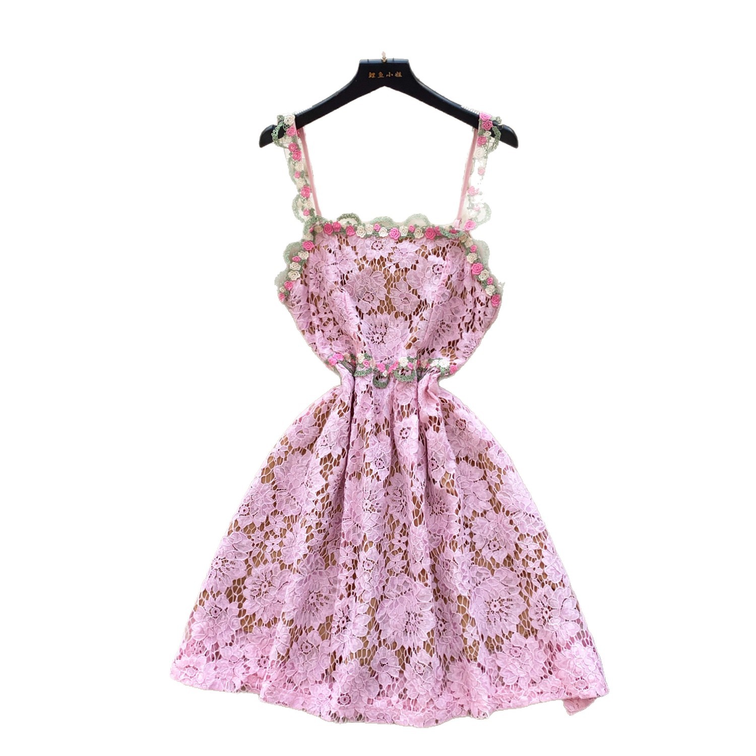 French Romantic Lace Camisole Dress 3D Rose Design Slim Fit A Line Silhouette Summer Evening Wear Wholesale