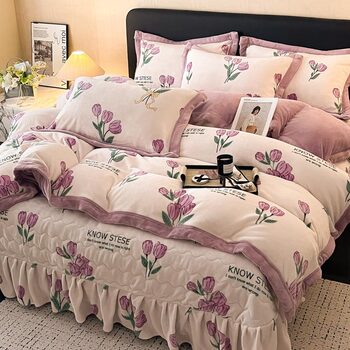 Winter Thickeneded Milk Velvet Bed Cover Four-Piece Set Warm Naked Sleeping Quilt Cover Single Ins Style Quilted Quilt Cover