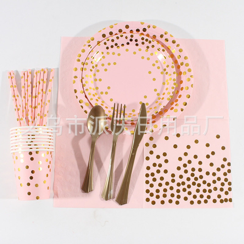 Pink Hot Stamping Polka Dot Paper Plate Paper Cup Set Wholesale Birthday Party Supplies Paper Plate Disposable Cake Plate in Stock