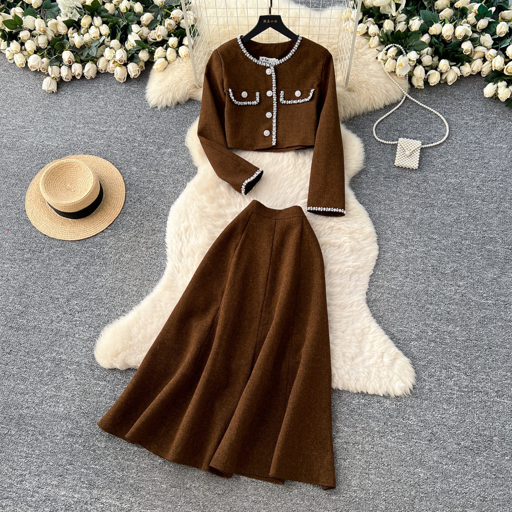 Chic Two Piece Set for Women Elegant Cardigan with Metal Button High Waist Skirt Autumn Office Wear Wholesale