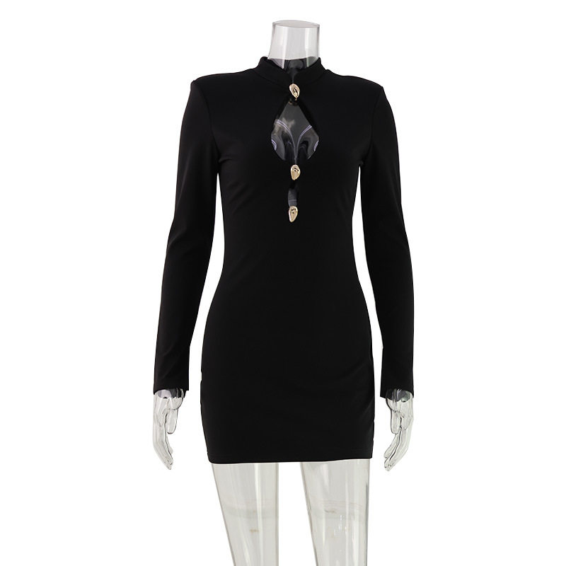 Sexy Womens Bodycon Dress Round Neck Long Sleeve Hollow Chest Design Stylish Metallic Accents High Elasticity