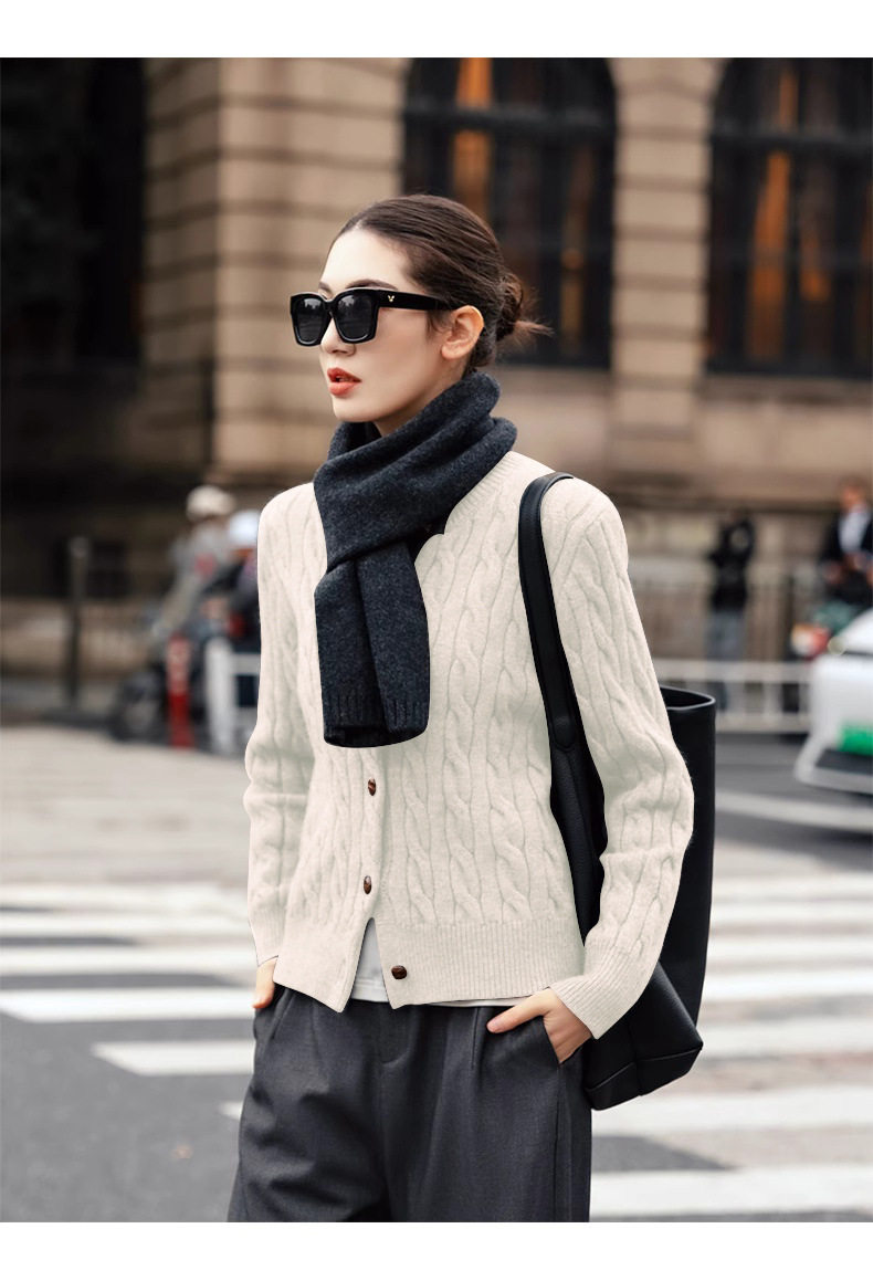 意大利100%美丽诺羊毛开衫宽松慵懒风绞花开衫加厚毛衣羊绒开衫女