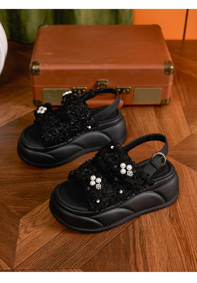 Dép sandal nữ xỏ ngón đế bệt quai Velcro phong cách biển — Đen, Bạc, Len nguyên chất chi tiết 16
