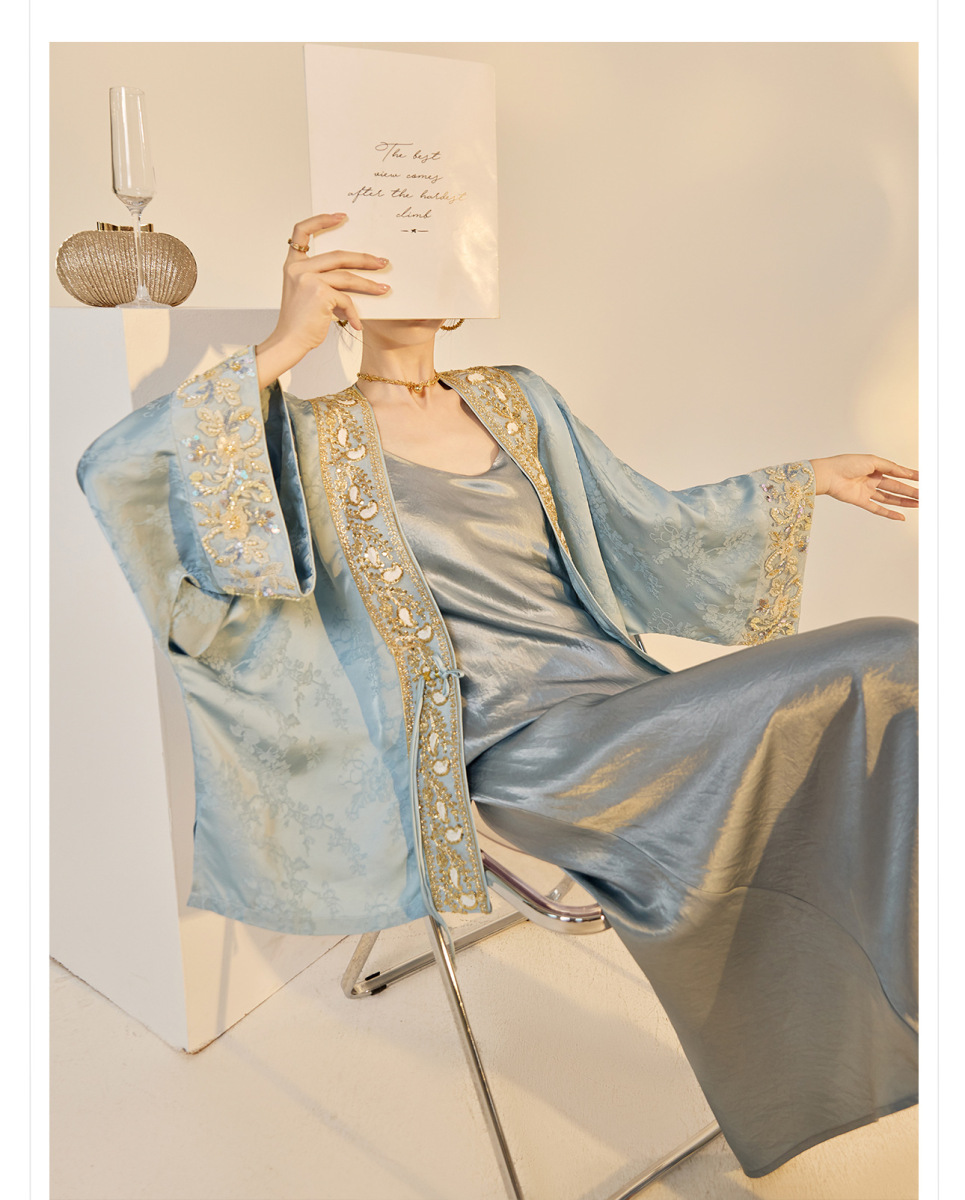 Áo khoác nữ thêu đính cườm dáng rộng cổ chữ V phong cách cổ điển — Jiyue Blue (Giao hàng trong ngày), Xanh Jiyue (giao hàng trong 7 ngày)