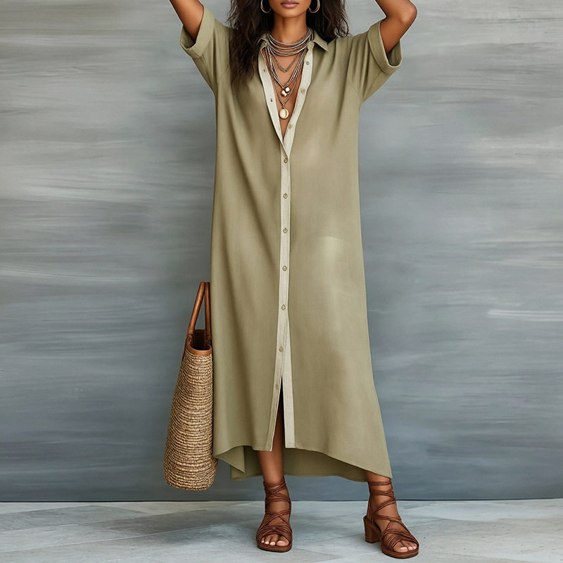 Womens Spring Dress Fashionable Casual Style Loose Fit Button Design Solid Color Perfect for Everyday Wear