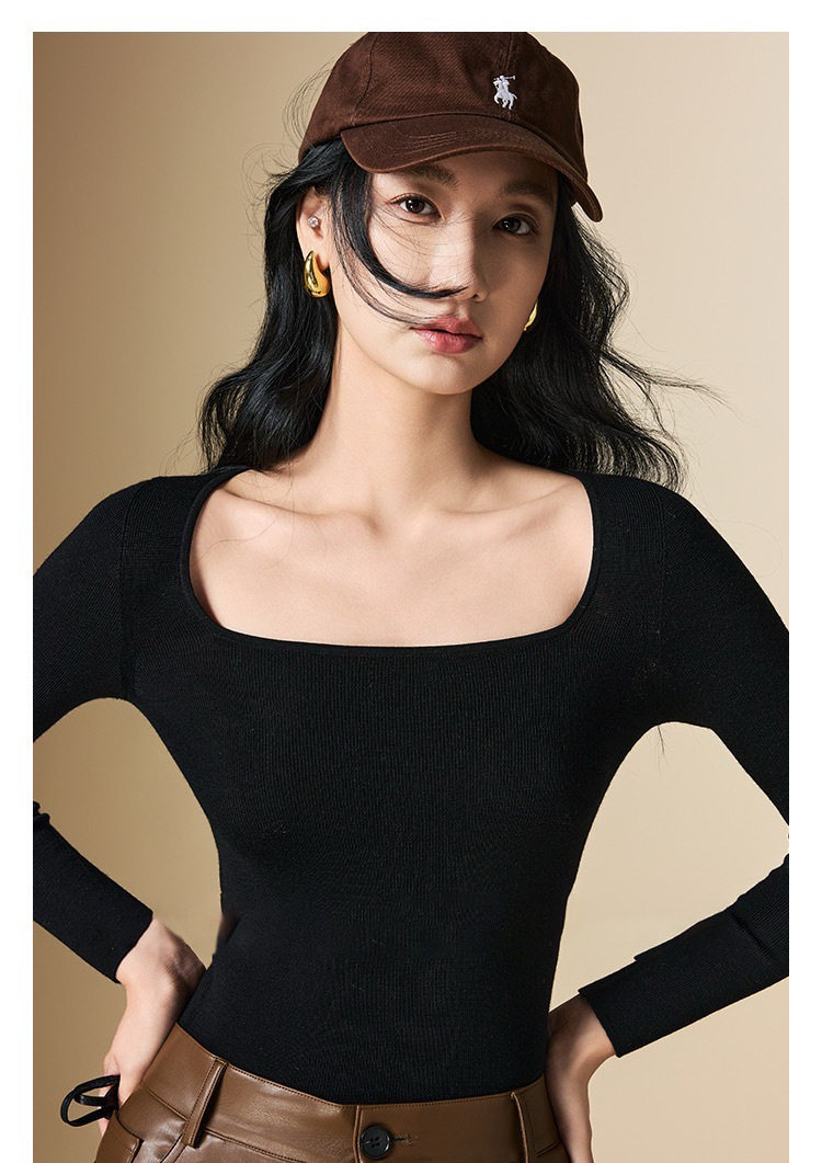 100%美丽诺羊毛方领针织衫修身显瘦薄款长袖上衣气质通勤打底衫女