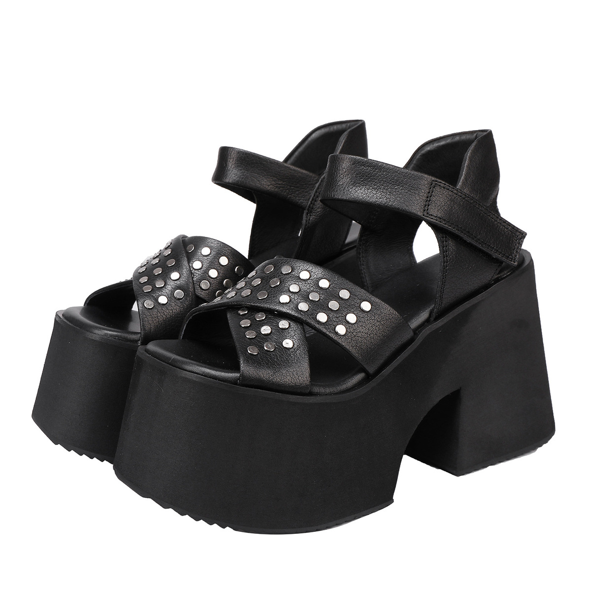 Sandal nữ da bò thật gót siêu cao đế dày kiểu La Mã đính đinh tán — Màu đen, Màu xanh lá