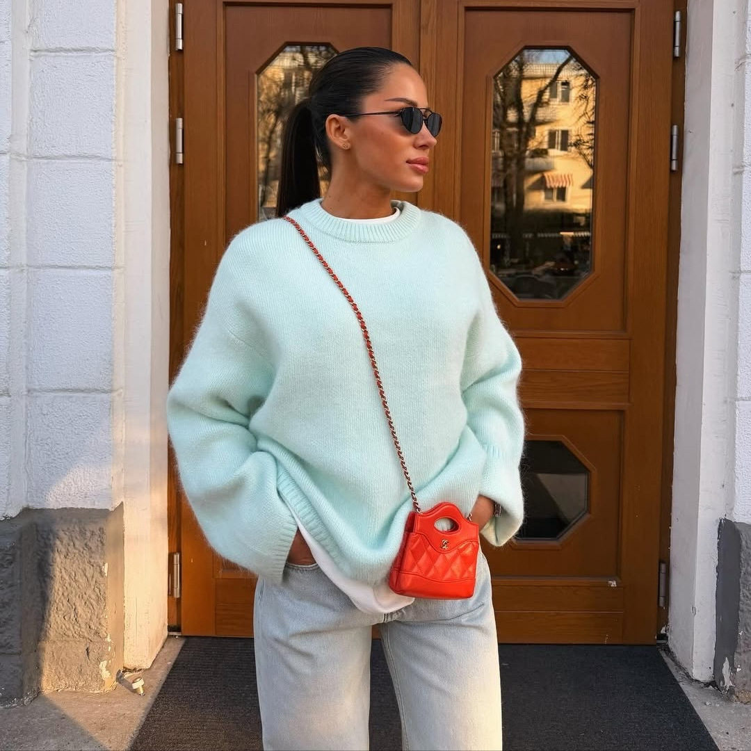 Womens Oversized Knit Sweater Round Neck Faux Mink Fabric Long Sleeve Casual Style Perfect for Spring and Autumn