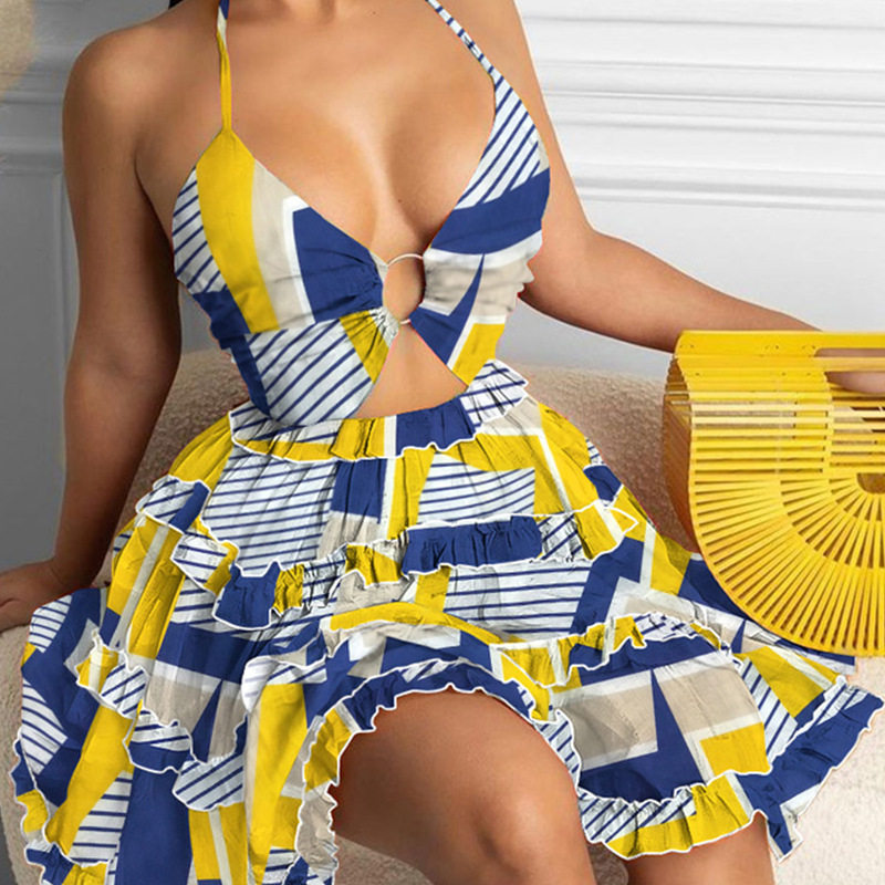 Womens Floral Print Halter Neck Cake Dress Sexy Hollow Out Design Spring Summer Fashion