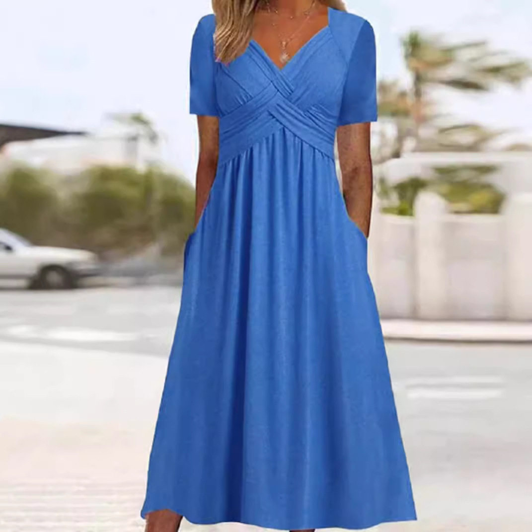Womens Solid Color V Neck Short Sleeve Dress Trendy Design Comfortable Fabric Perfect for Fall Wholesale Available