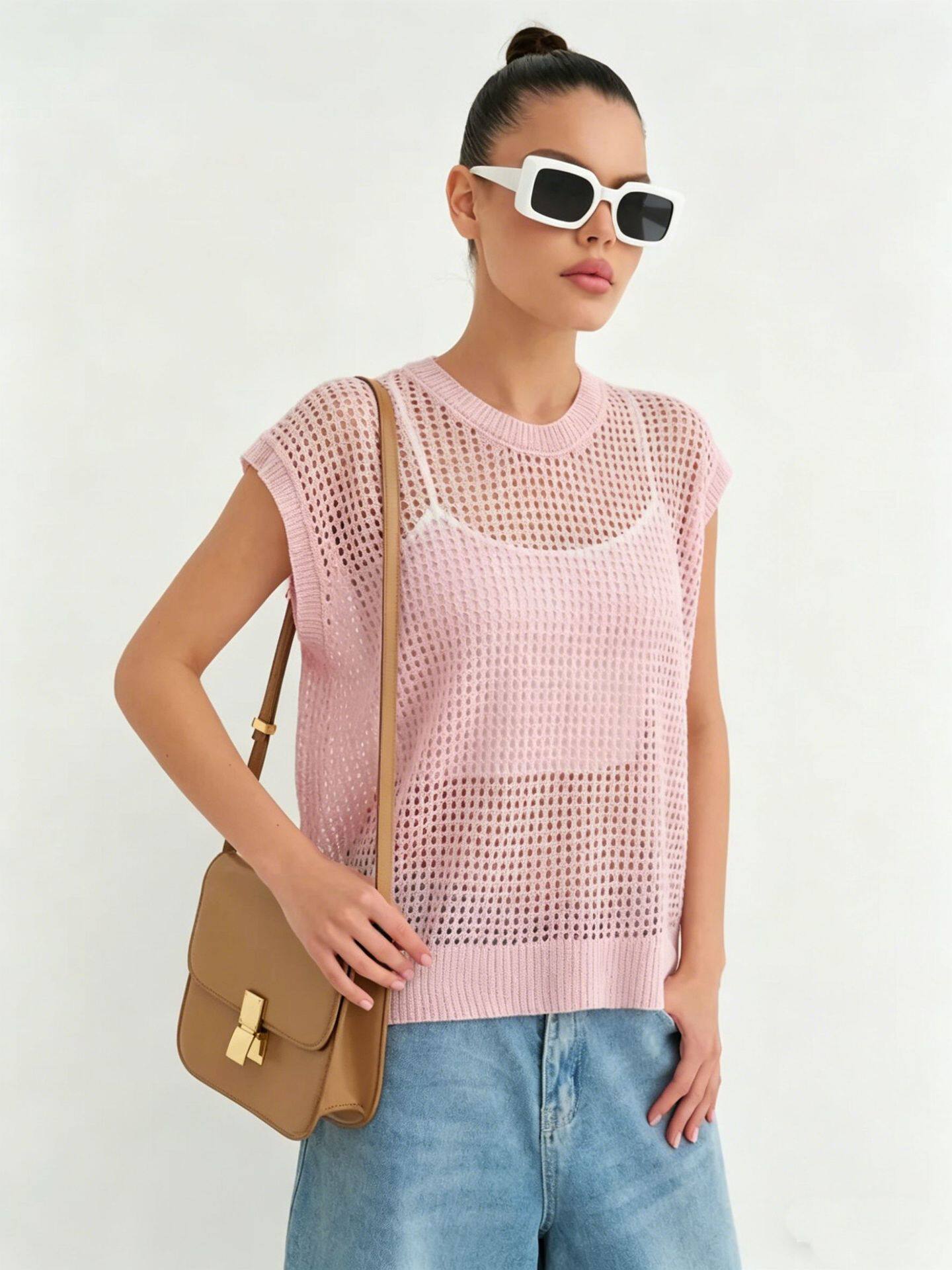 Lace Knit Sweater Vest Lightweight Sheer Round Neck Spring Summer Fall Fashion Wholesale Available