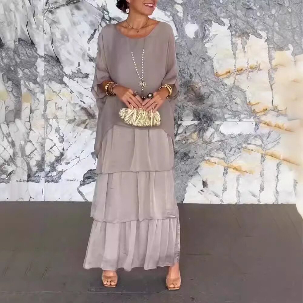 Chiffon Batwing Sleeve Maxi Dress Elegant Round Neck Trendy Design Lightweight Fabric Perfect for Spring Summer