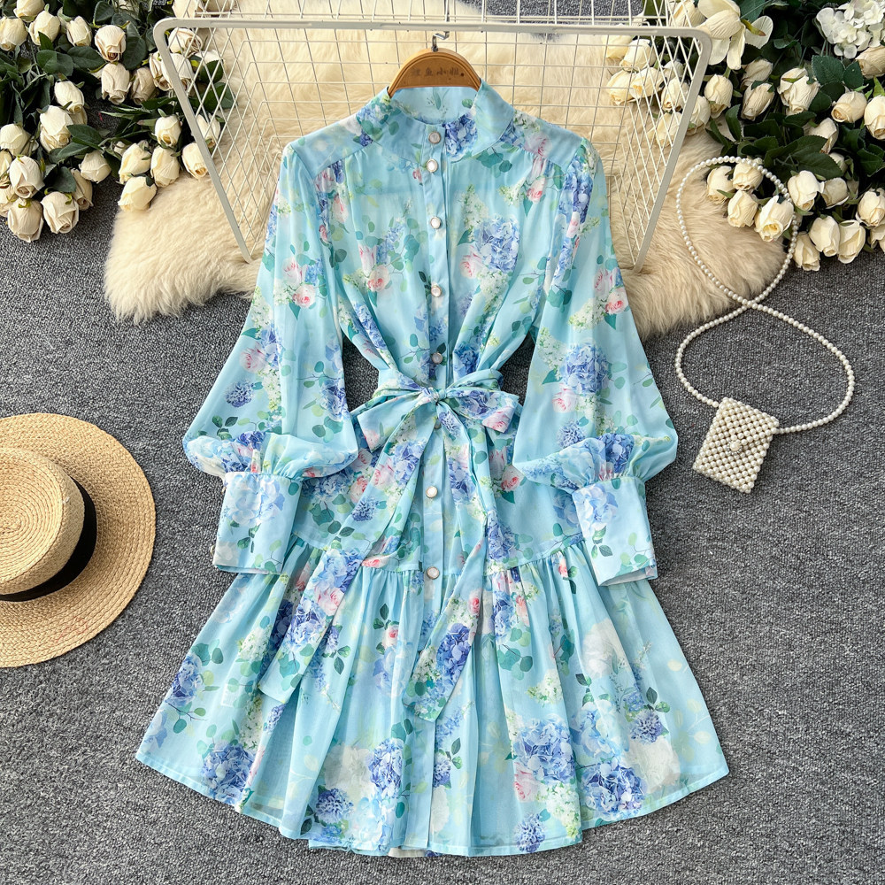 French Style Stand Collar Lantern Sleeve Floral Dress for Women Summer Slim Fit Ruffled Hem A Line Wholesale