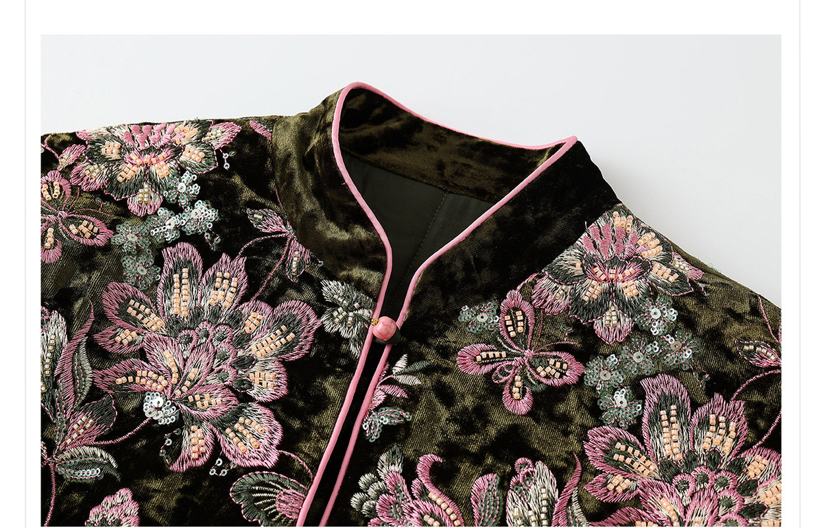 Áo khoác dạ gile nữ dáng dài thêu hoa đính cườm — Hồng xanh [phiên bản cotton], Hồng xanh [phiên bản thường]