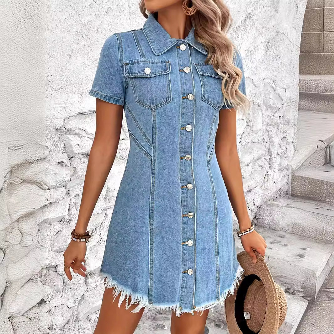 Vintage Denim Dress Slim Fit Short Sleeve Waist Cinching Design Perfect for Casual Outings Wholesale Available