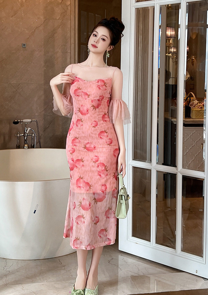 Đầm ôm body nữ tay loe họa tiết hoa phong cách Pháp — [Hồng] chi tiết 3