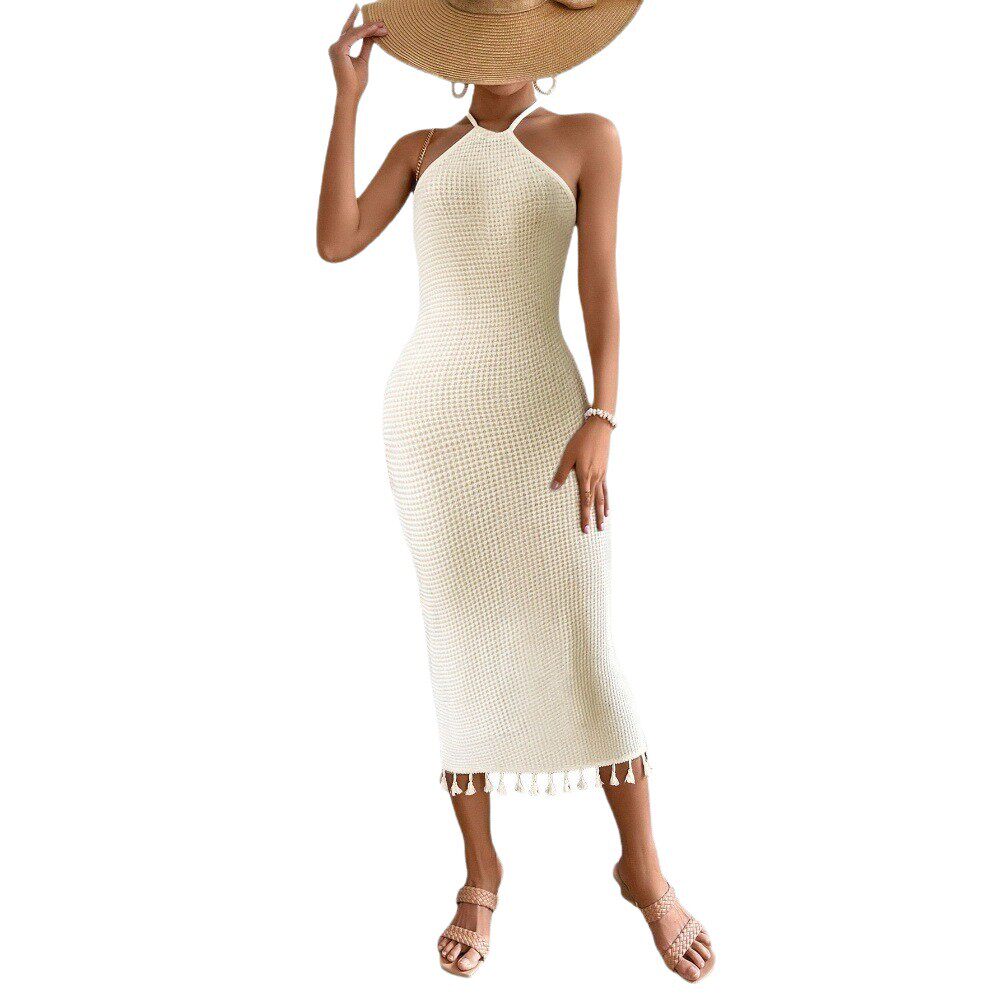Customizable Sleeveless Knit Maxi Dress Halter Neck Fitted Silhouette Fringe Hem Beach Vacation Soft Aesthetic