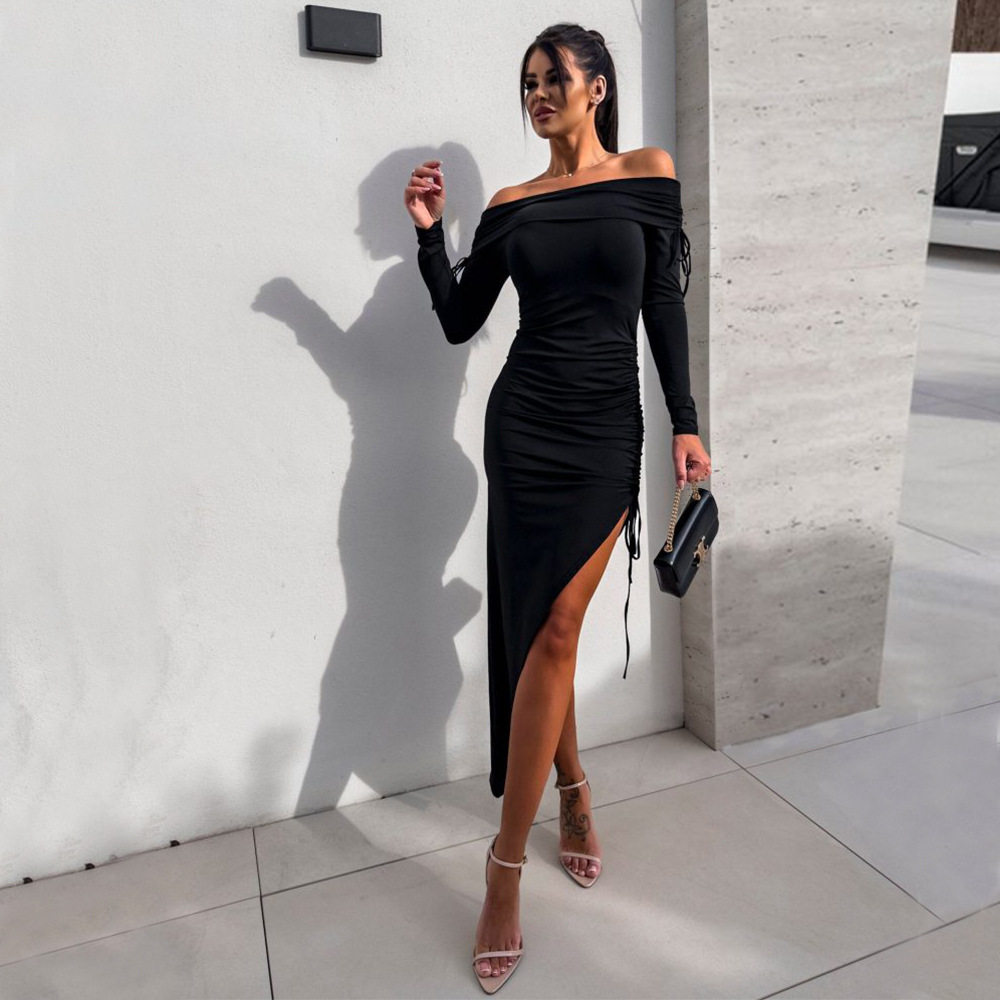 Off Shoulder Midi Dress Elegant Slim Fit Autumn Winter Fashionable Style Wholesale Available