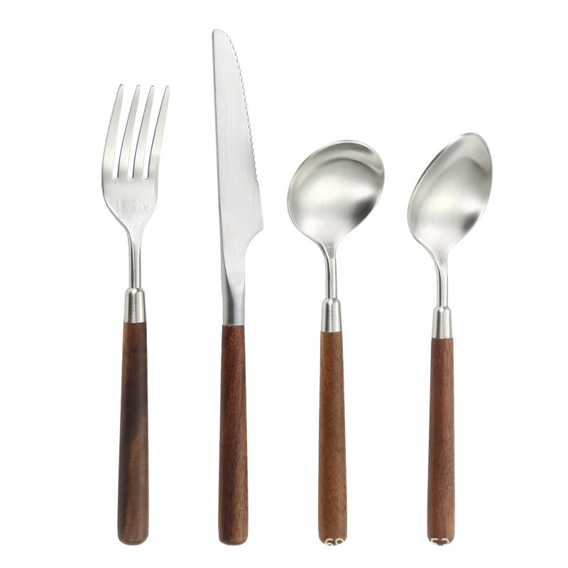 Walnut knife, fork and spoon four-piece set household 304 stainless steel hotel restaurant Western tableware wooden handle fork steak knife