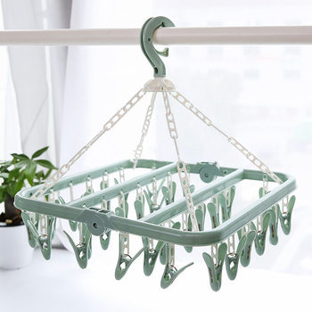 Plastic Adult Windproof Foldable Hanger Children Baby Tights Hanger Household Multi-head Drying Hanger 32 Clip