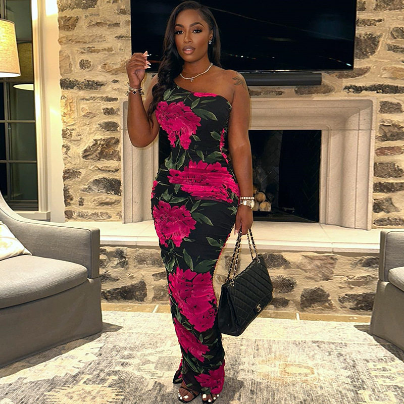Sleeveless Asymmetrical Shoulder Dress Fashionable Floral Print Bodycon Fit Mid Length Casual Party Wear OEM