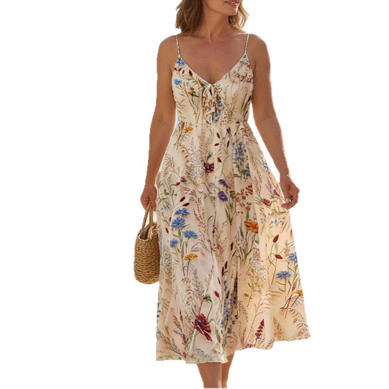 Summer Floral Maxi Dress for Women Waist Defined Spaghetti Straps Beach Vacation Style Wholesale Available