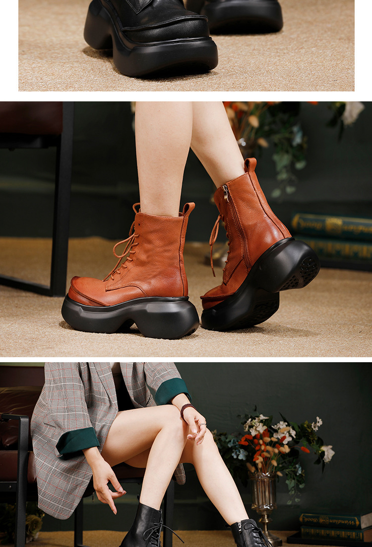 Boot Martin nữ cổ ngắn đế dày da bò thật tăng chiều cao — màu đen, Màu nâu