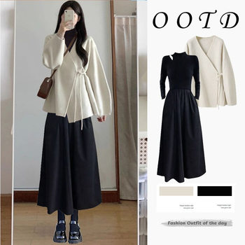 2024 New Autumn and Winter High-End Knitted Jacket Slim Long Dress Two-Piece Set