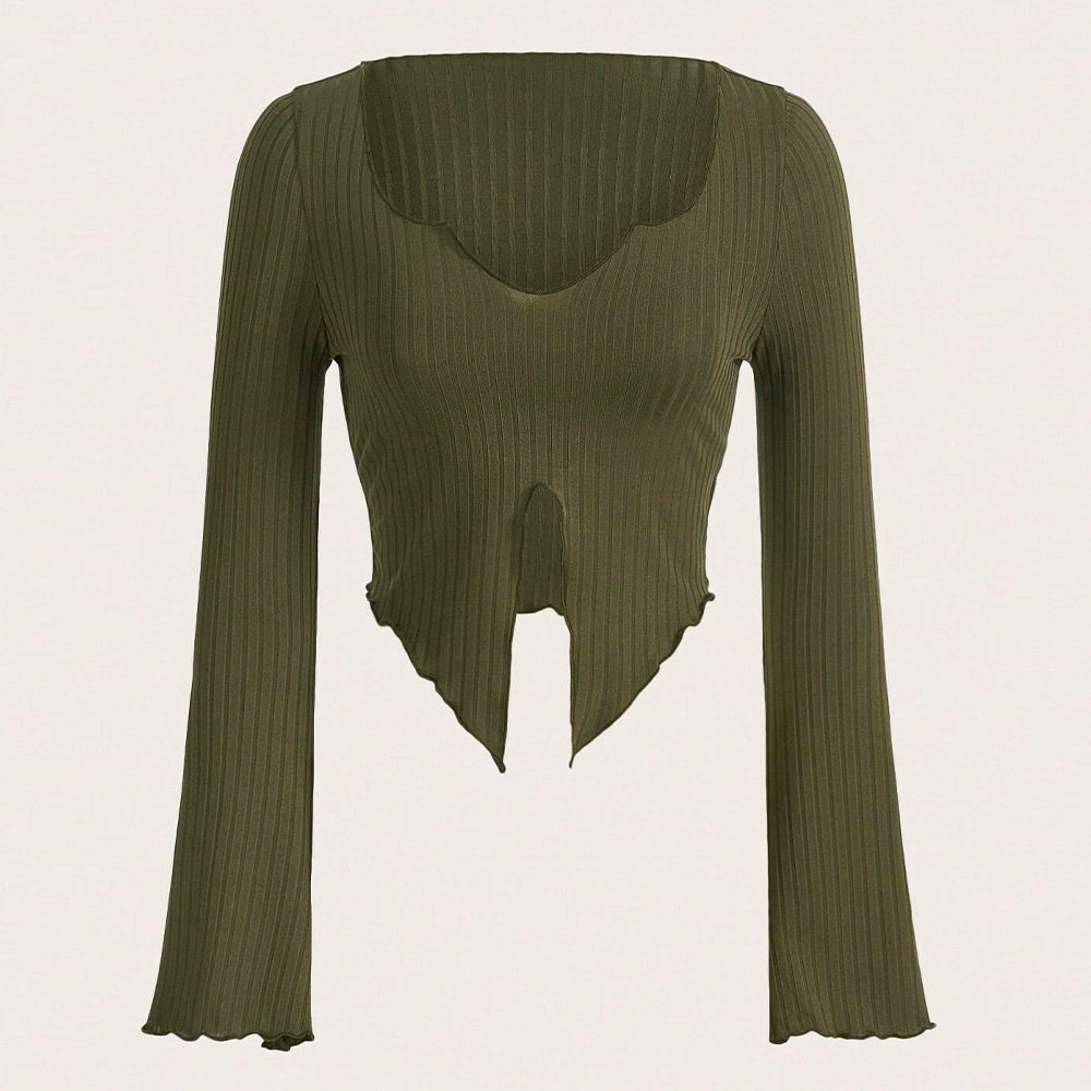 Asymmetrical Hem Long Sleeve T Shirt Slim Fit V Neck Flare Sleeves Spring Summer Womens Fashion Wholesale Available